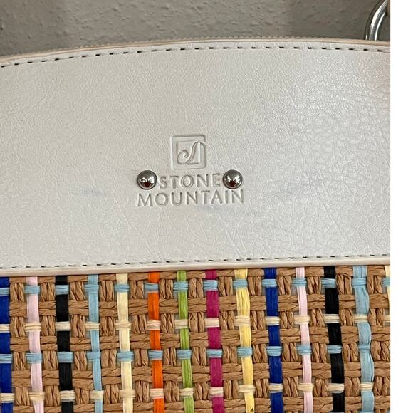 Stone Mountain Multicolor Straw Satchel Bag White Faux Leather Trim - Picture 7 of 16